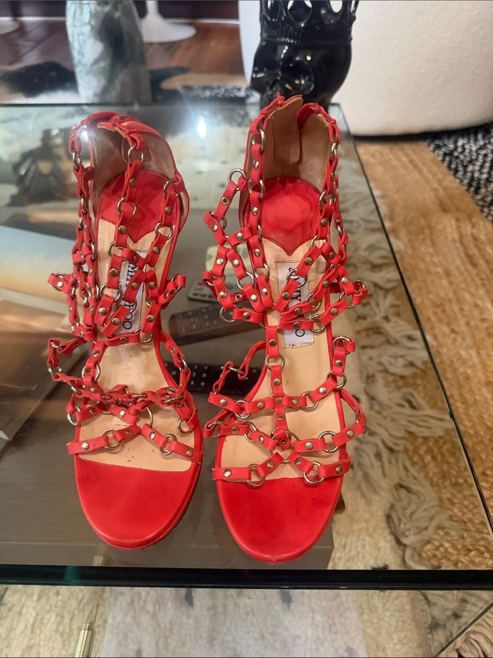 Jimmy Choo Red Studded Strappy Gladiator Heels